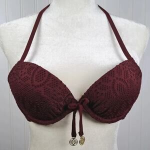 H&M Bikini Top Womens 32B Red Burgundy Eyelet Halter Underwire Swim Bathing